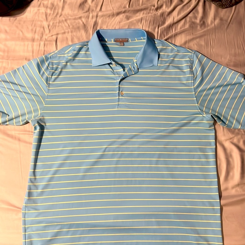 Peter Millar Summer Comfort Men’s Large Blue and Yellow Striped Polo - Picture 1 of 4